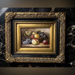 Gorgeous Oil Painting Still Life Fruit in Ornate Gilded Frame 10”x12”